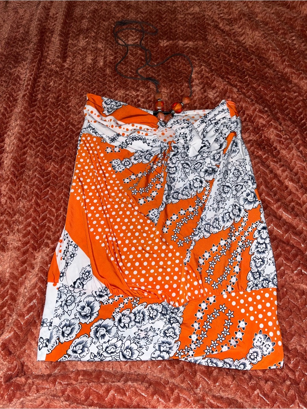 Bliss Y2K Orange & White Floral Polka dots blouse with beaded tie. Size S